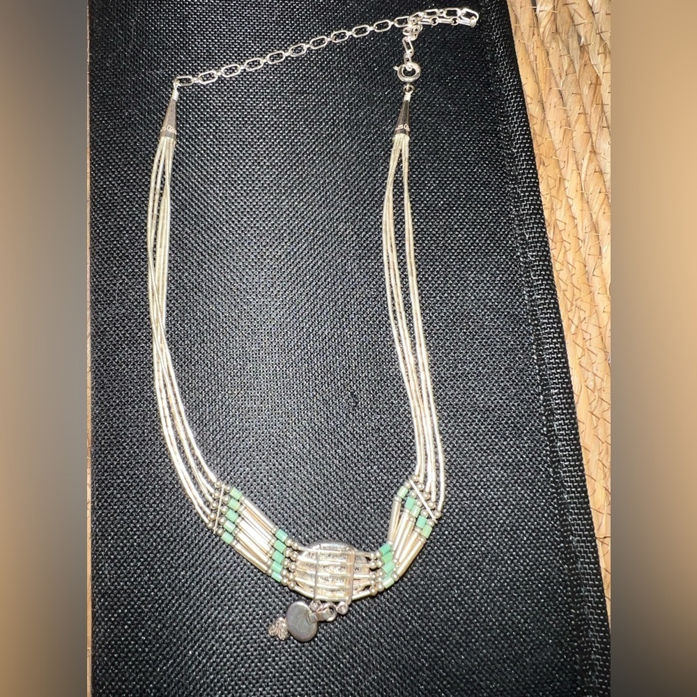 Sterling Liquid Silver Heshi Green Turquoise 5 Strand Necklace in box - Picture 4 of 11